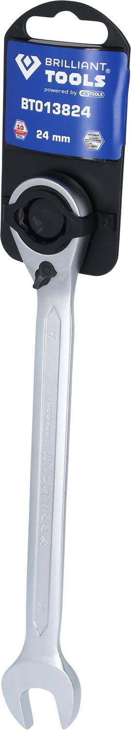 'Brilliant Tools Ratelsteeksleutel BT013824, 24 mm' op zwart en blauw etiket. Gereedschap met gecombineerde ring- en steeksleutel.