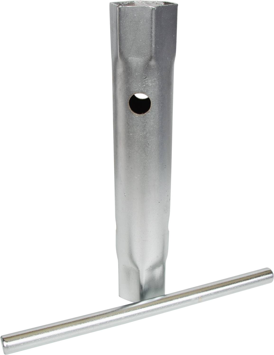 Een zilveren bougiesleutel met een dwars aangebrachte metalen greep.