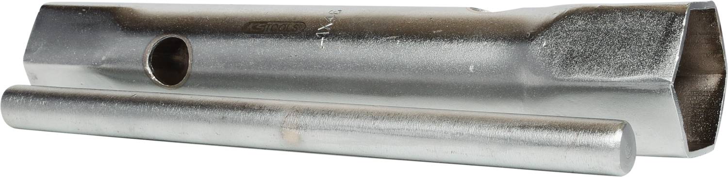 Metalen pijpsleutel met een ronde hefboom, gebruikt voor het vast- of losdraaien van moeren en schroeven.