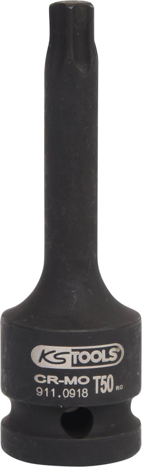 'Slagschroevendraaier BIT TORS T50; CR-MO; KS TOOLS.' Dopsleutel met zeskante kop en ronde schacht.