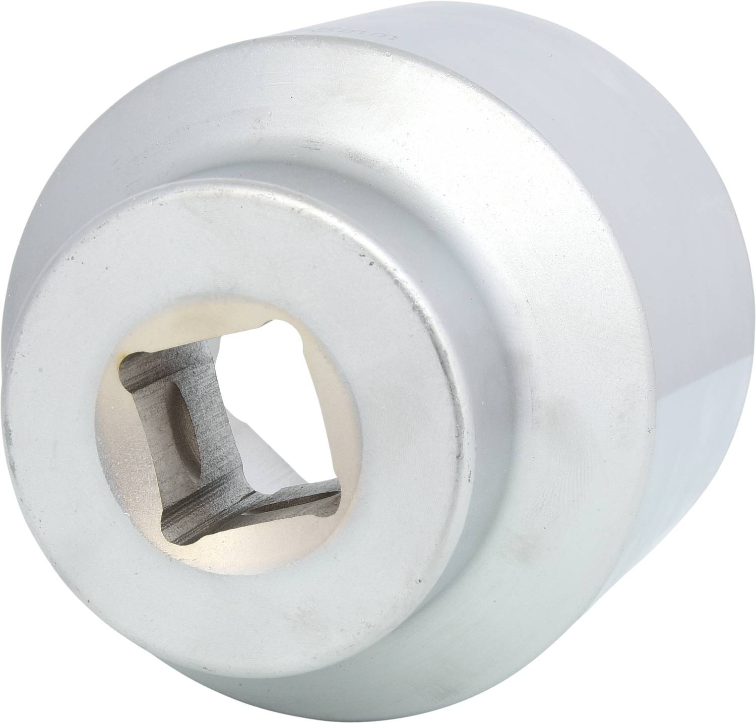 Zilveren metalen onderdeel met een vierkante binnenopening en een platte voorkant, mogelijk een onderdeel van een gereedschap of apparaat.