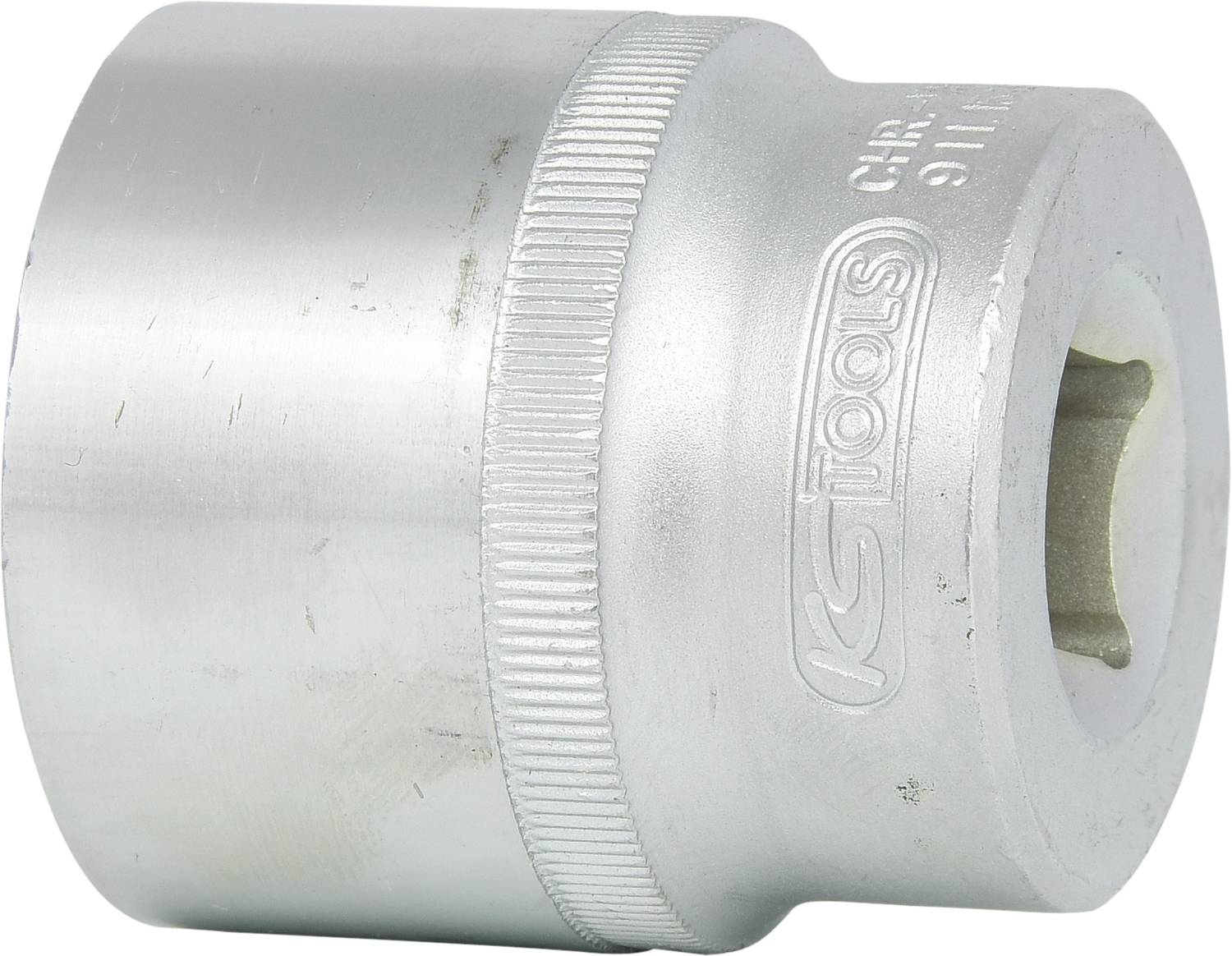 Metalen gereedschap met cilindrische vorm, voorzien van een gegroefde oppervlakte voor een betere grip. Markering 'KS TOOLS' aan de zijkant.