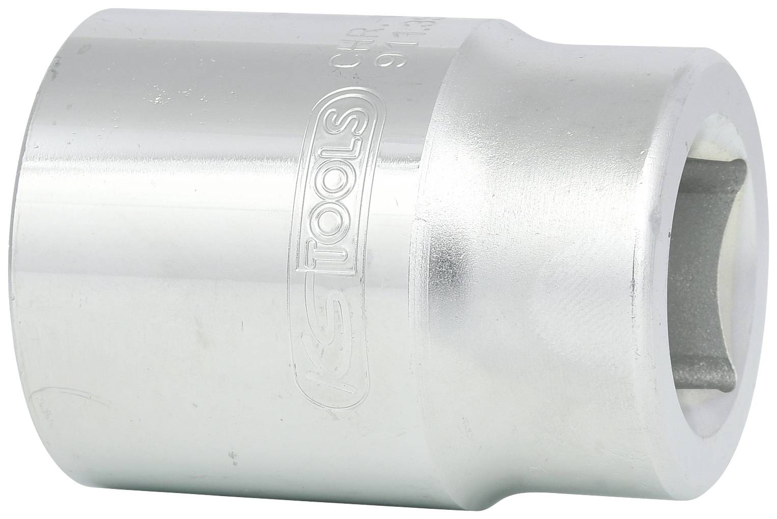 Een zilveren dopsleutel van metaal, cilindrisch van vorm, met een zeskante binnenprofiel voor schroefverbindingen.