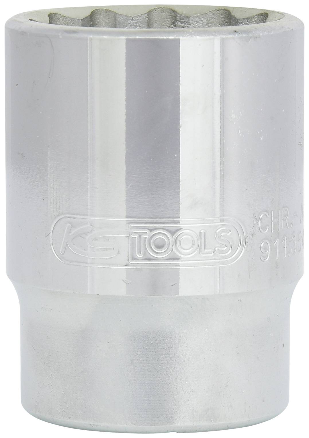 Metalen moer met ronde vorm, glanzend oppervlak en fabrikantennaam in reliëf in het midden.