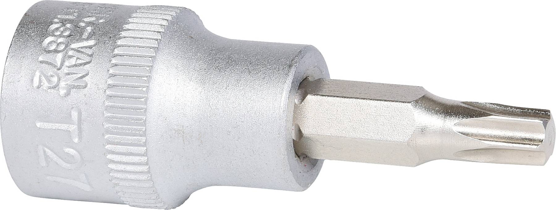 Zilvergrijze Torx-bitopzetstuk maat T21 met geprofileerd grijpgedeelte voor een betere grip.