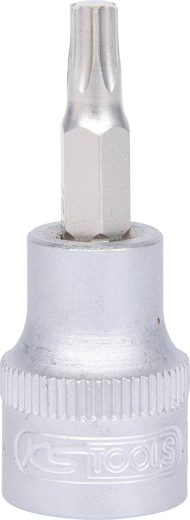 Een zilveren schroevendraaier-inzetstuk met een zeskantschacht en een Torx-punt, geschikt voor werkzaamheden aan mechanische apparaten.