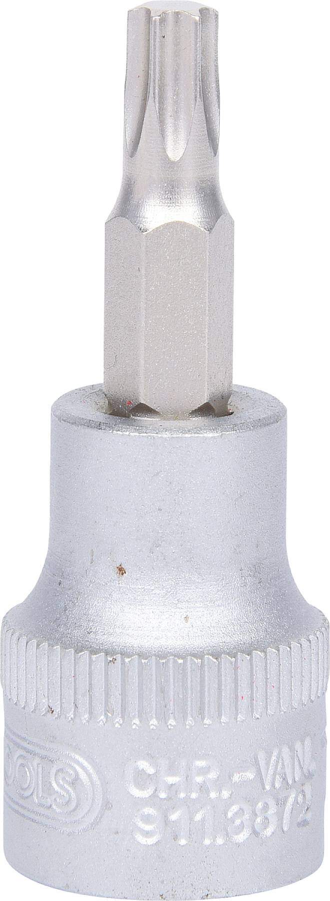 Een zilveren schroevendraaierbit met Torx-kop, gemonteerd in een dopsleutel. Geschikt voor gebruik met ratelsleutels.