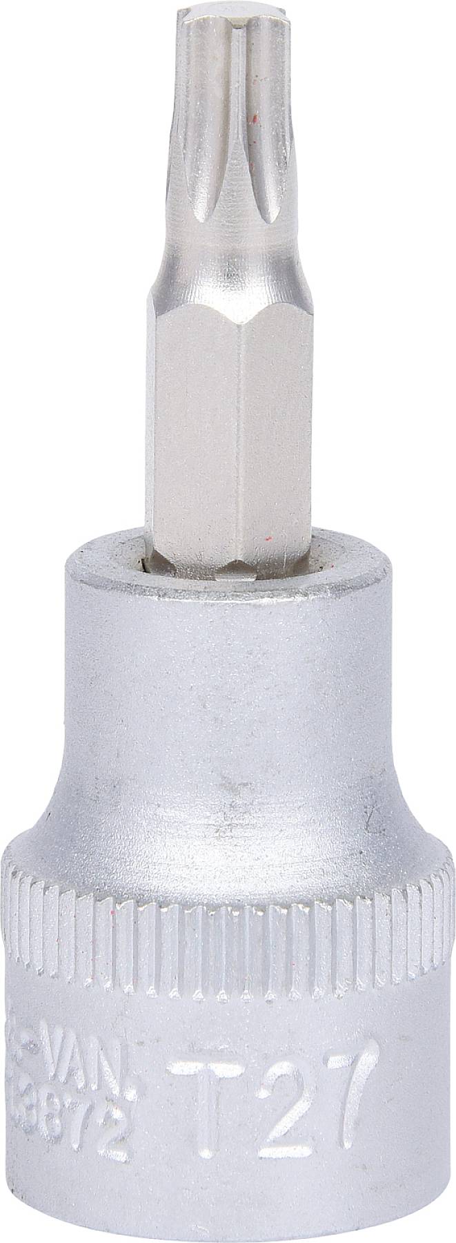 Een zilveren metalen opzetstuk voor een schroevendraaier, speciaal geschikt voor Torx-schroeven in maat T27.
