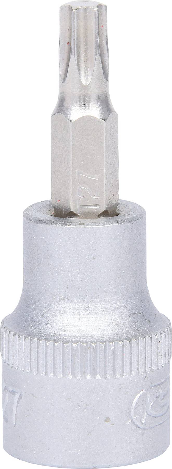 Torx-bitadapter met een geribde basis. Vervaardigd uit metaal, geschikt voor nauwkeurige bevestigingen met Torx-schroeven.
