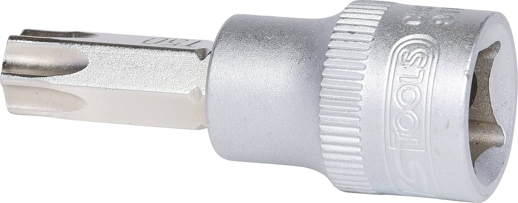 Een zilveren Torx-dopsleutelinzet, voorzien van een ingeslagen tool-logo, voor schroeven met sterrenkop, gebruikt in mechanische toepassingen.