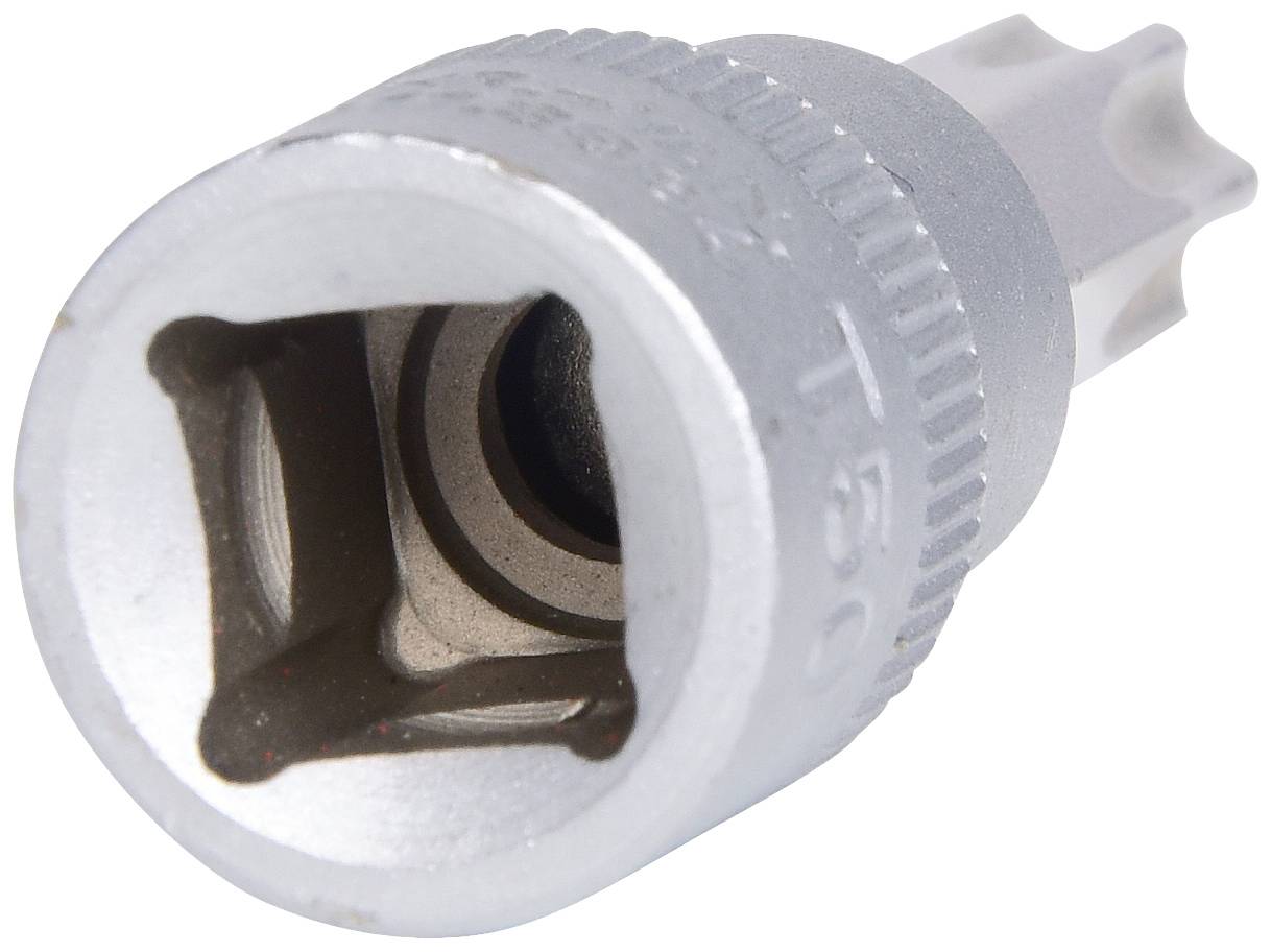 Een zilveren Torx-dopsleutelopzetstuk met een zestandige stervormige opening, geschikt voor schroeven met een Torx-kop.
