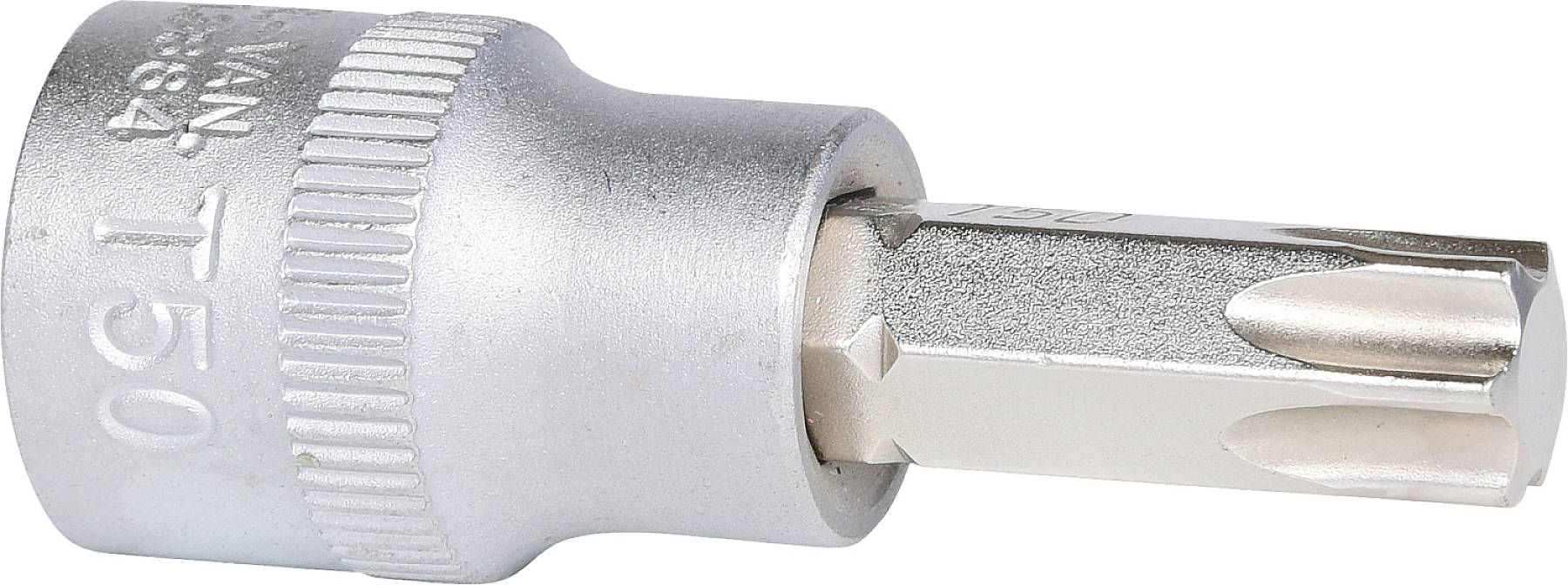 Een zilveren Torx-schroevensleutelopzetstuk met een gegraveerde tekst ligt zijdelings op een witte achtergrond.