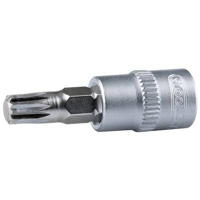 Een zilveren Torx-bit-inzetstuk met zeshoekige basis voor schroevendraaiers, geschikt voor het aandraaien of losdraaien van Torx-schroeven.