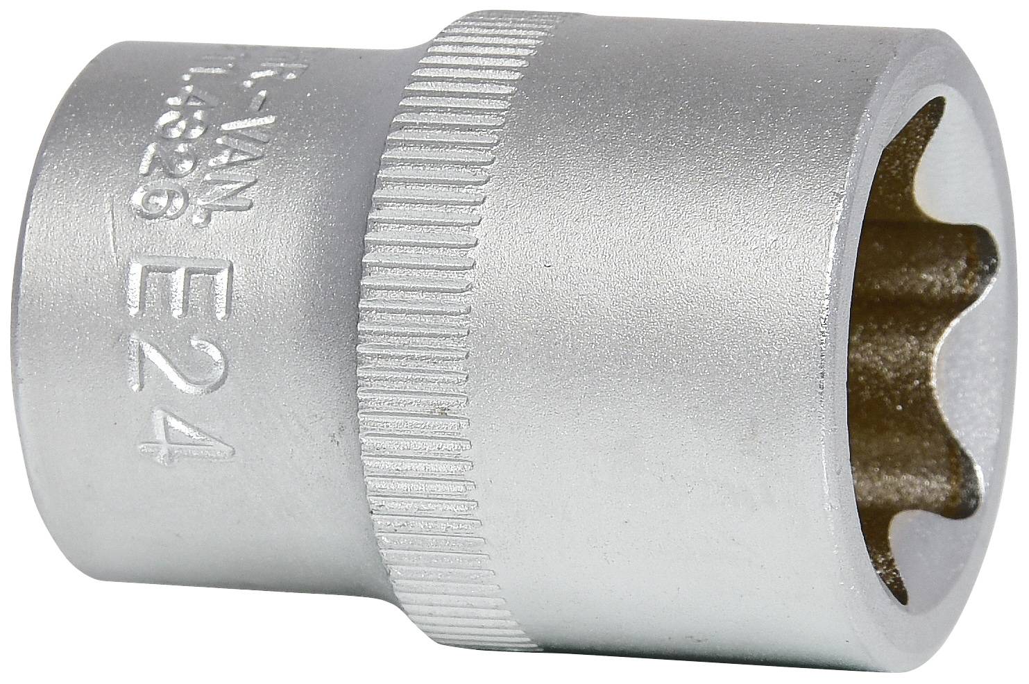Een zilveren veeltands dopsleutel, maat E24, met ribbelstructuur voor een betere grip.