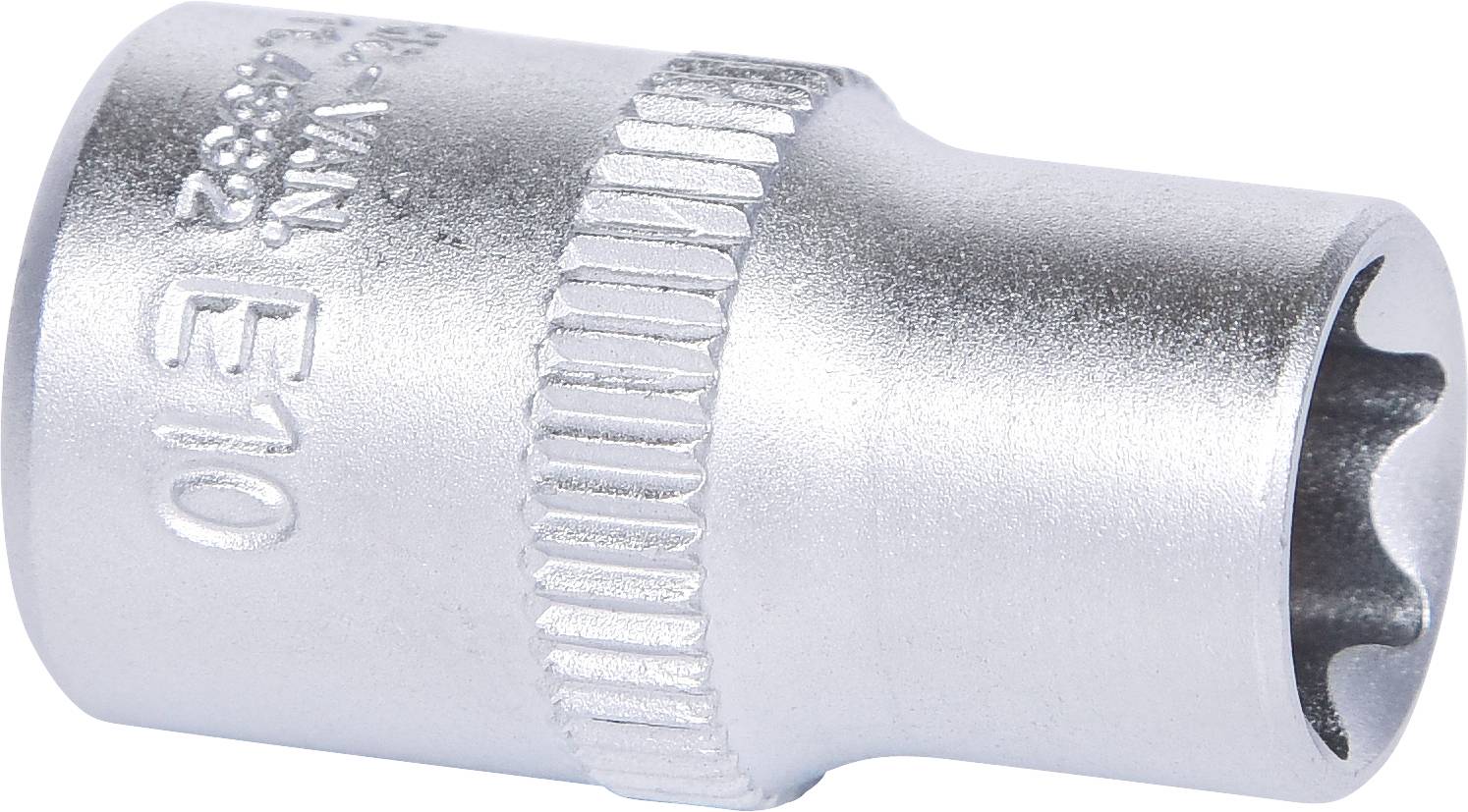 Metalen Torx-dopsleutel E10, met geribbelde greep voor betere grip, glanzende afwerking.