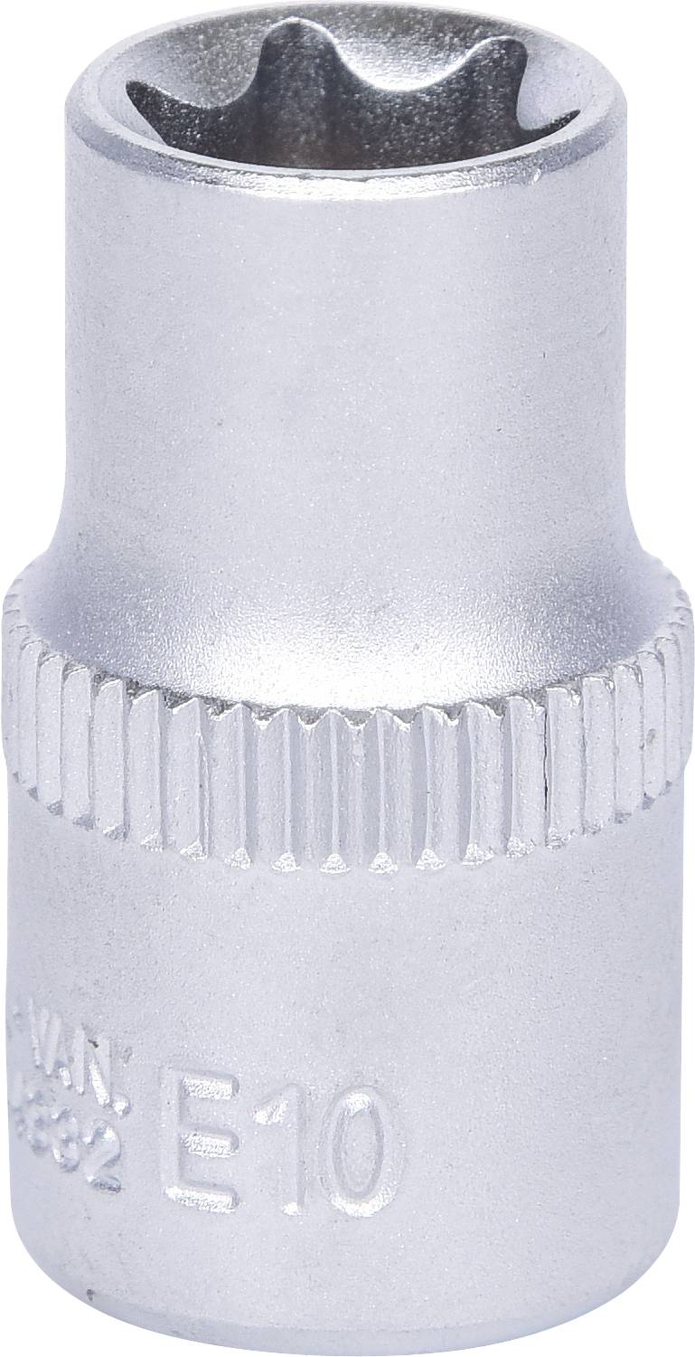 Een zilveren E10 Torx-dopsleutel met geribbelde hals. Gebruikt voor het bevestigen van Torx-schroeven.