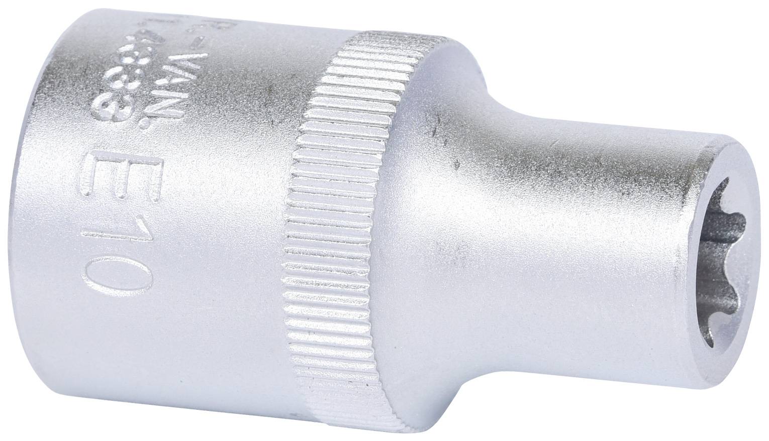 Metalen dopsleutel met geribbelde greep en gegraveerde maat 'E10'.