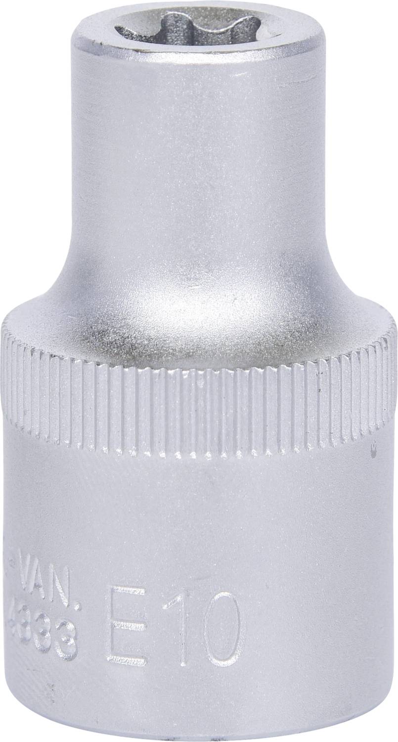 Een zilveren Torx-dopsleutel, maat E10, van metaal.