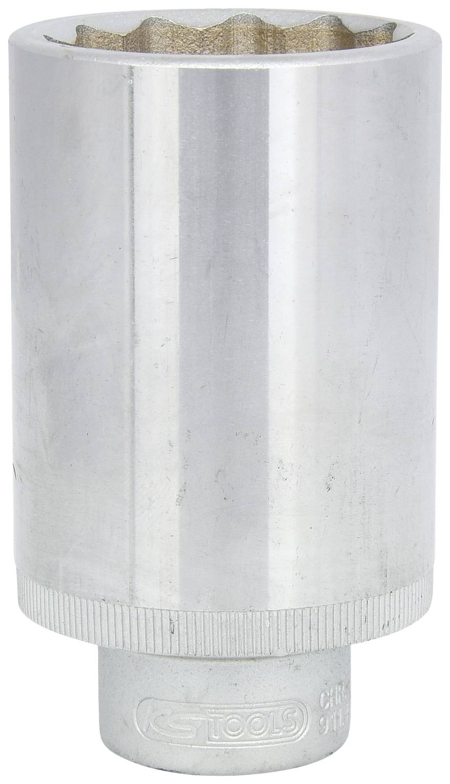 Metalen steeksleutel-inzetstuk met getande opening, geschikt voor schroeven en moeren, zilverkleurig, cilindrische vorm.