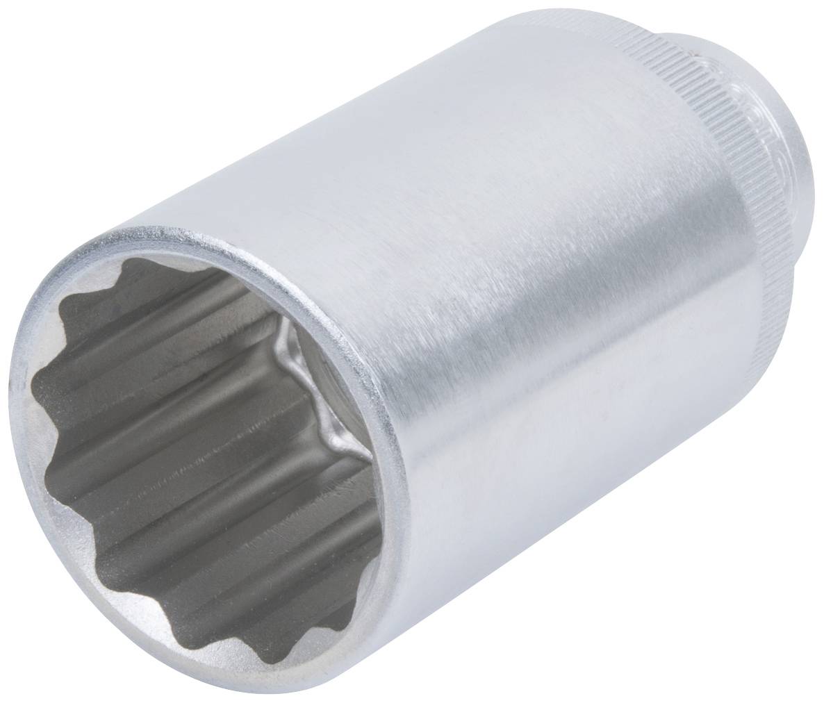 Een zeskante, liggend metalen dopsleutelinzet met een getande binnenrand voor bevestiging aan moersleutels.