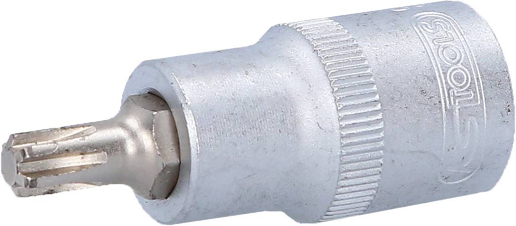 Een zilveren metalen bit-opzetstuk voor schroeven met een getande schroefkop. Gebruikt voor het aandraaien of losdraaien van speciale schroeven.
