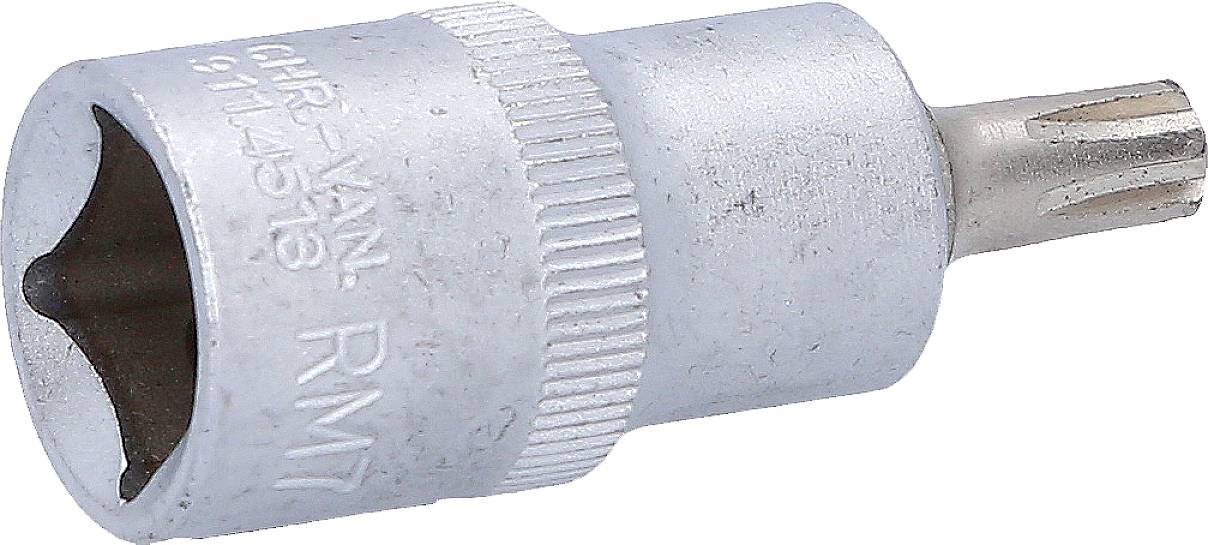 Een zilveren steeksleutelopzetstuk met Torx-kop, aan de zijkant gegraveerd met productdetails, gebruikt voor nauwkeurig schroeven.