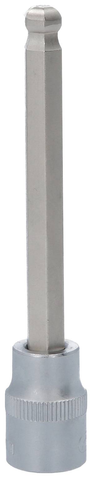 Langere zeskant-bit met kogelvormige kop, zilverkleurig, voor schroevendraaiers. Ideaal voor werkzaamheden op moeilijk bereikbare plaatsen.