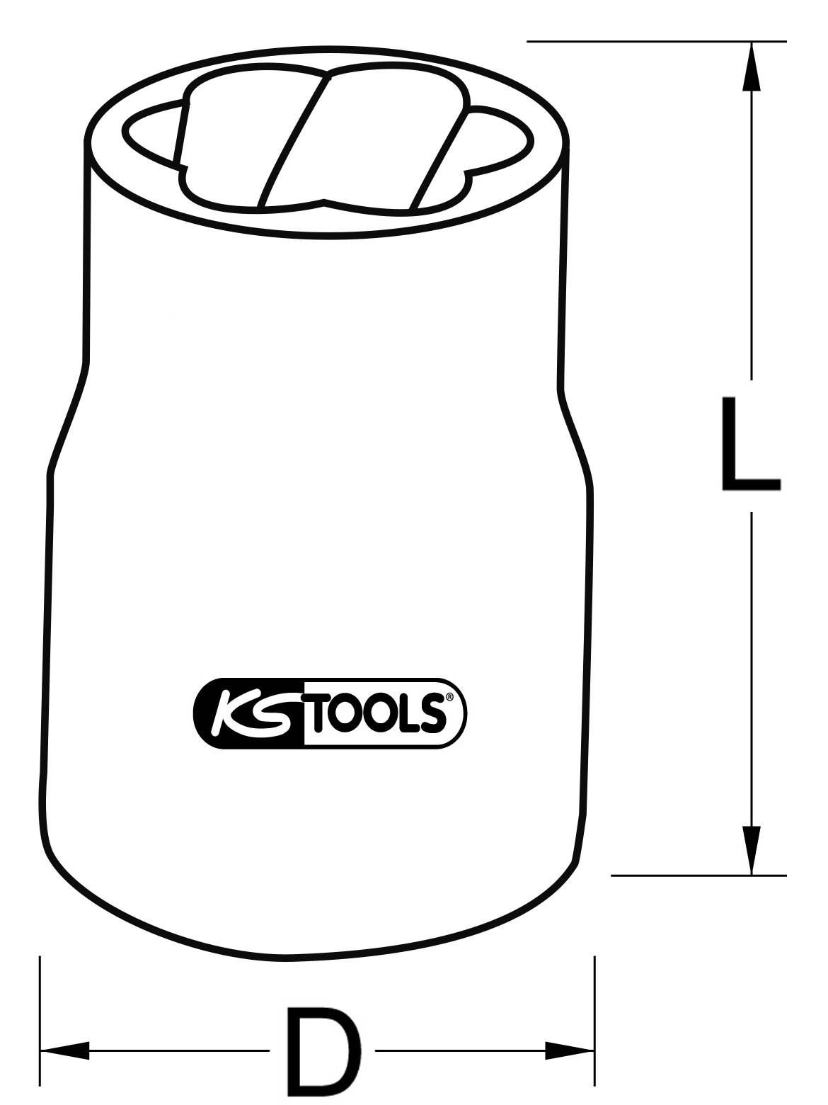 Afbeelding van een dopsleutel van KS Tools met de afmetingen L (lengte) en D (diameter).