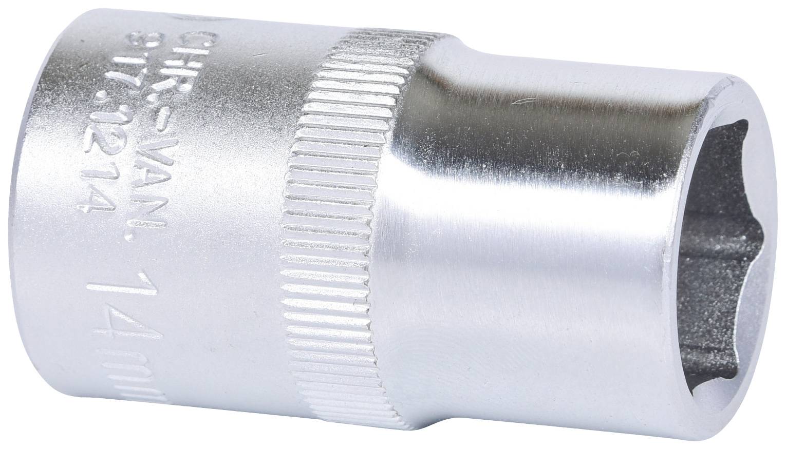 Een zilveren stiftmoer met de inscriptie '14 mm' aan de zijkant, vervaardigd uit chroom-vanadiumstaal, cilindrisch met een gegroefde sectie.