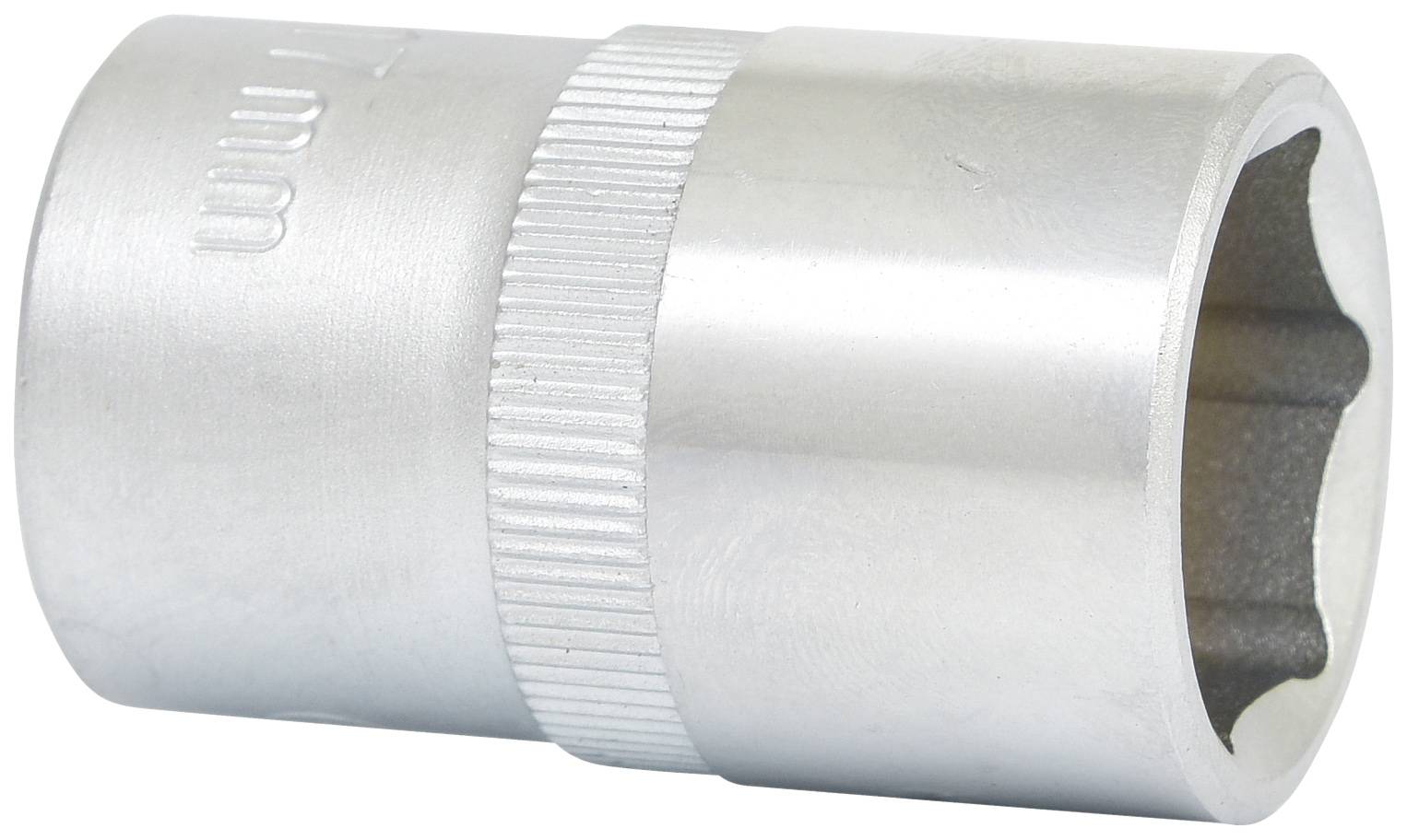 Een zilveren, cilindrische dopmoer met een geribbeld oppervlak, met de maat '10 mm'. Hij wordt gebruikt voor het aantrekken van schroeven of moeren.