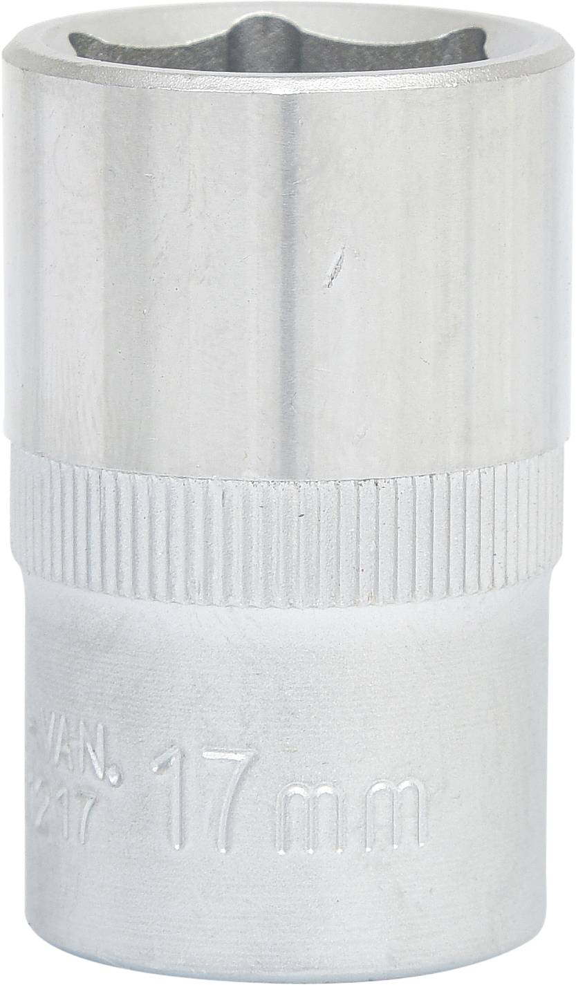 Een zilvergrijze metalen steeksleutelopzetstuk met een 17 mm markering, gebruikt voor schroefverbindingen.