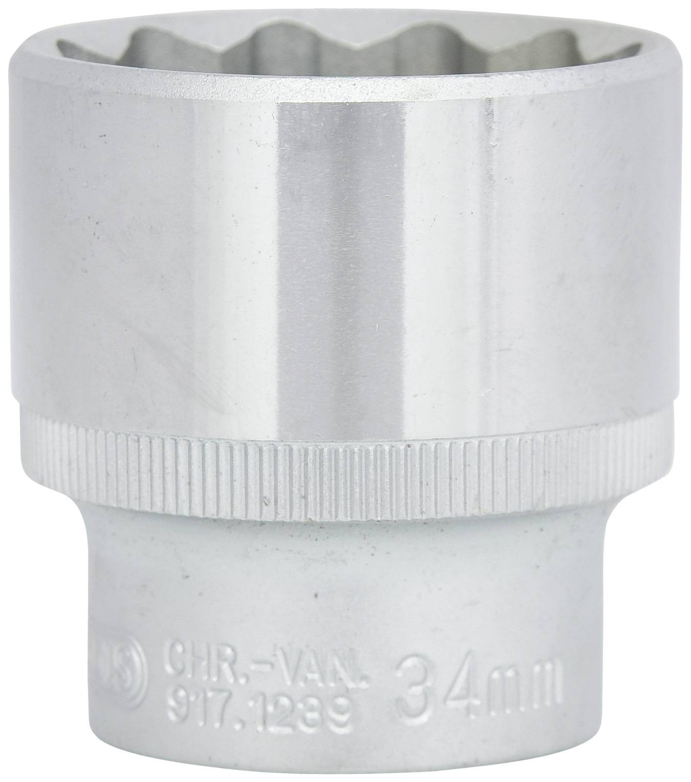 Een zilveren steeksleutelaansluiting van chroom-vanadium-staal met ingestempelde maat van '34 mm'.
