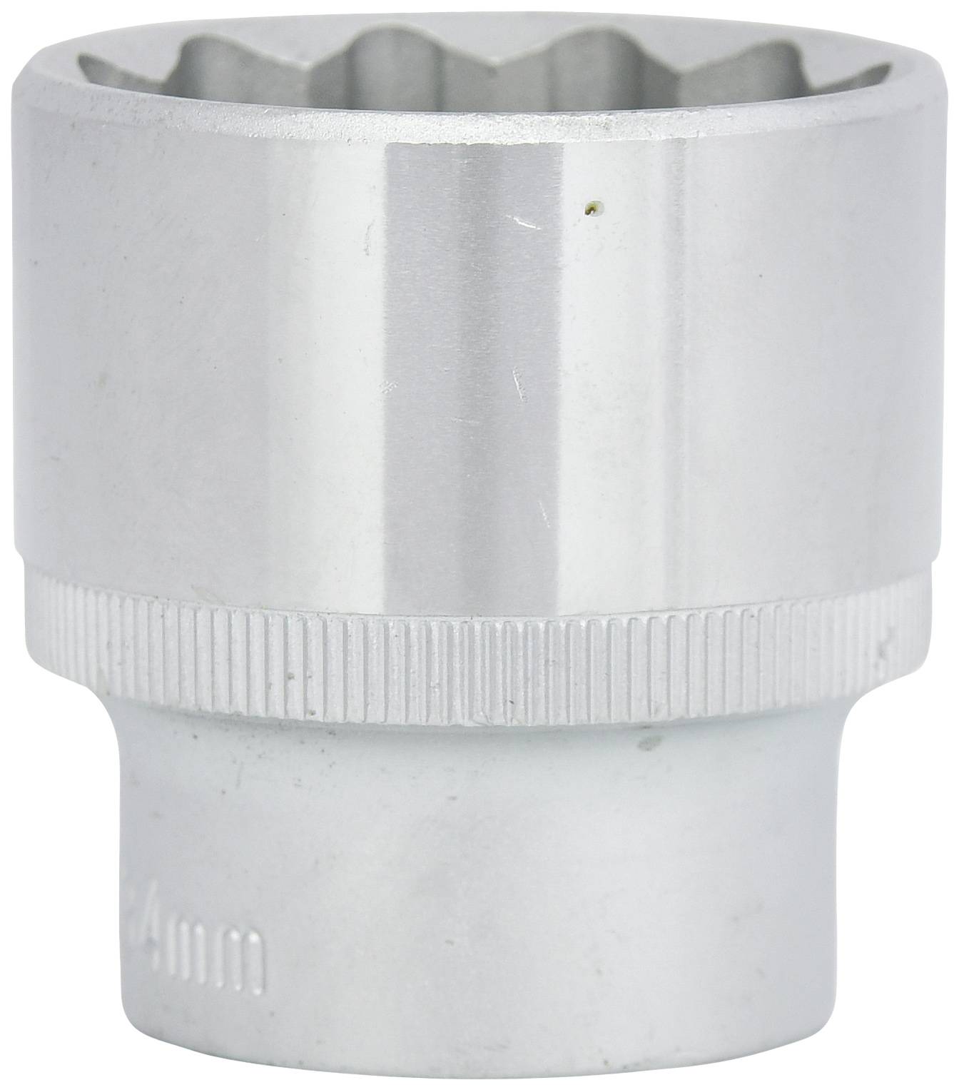 Een zilveren metalen steekmoer, cilindrisch van vorm, met een geribde ring voor een betere grip.