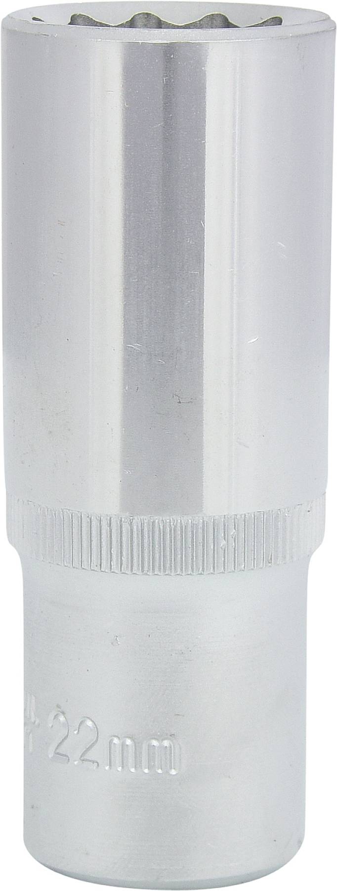 Een zilveren steeksleutel met een maat van 22 mm, geschikt voor gebruik met een ratel of steeksleutelgreep.