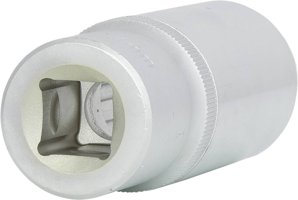 Zilveren gereedschap met een rond, cilindrisch lichaam en een vierkante sleuf aan één uiteinde, waarschijnlijk een dopsleutel.