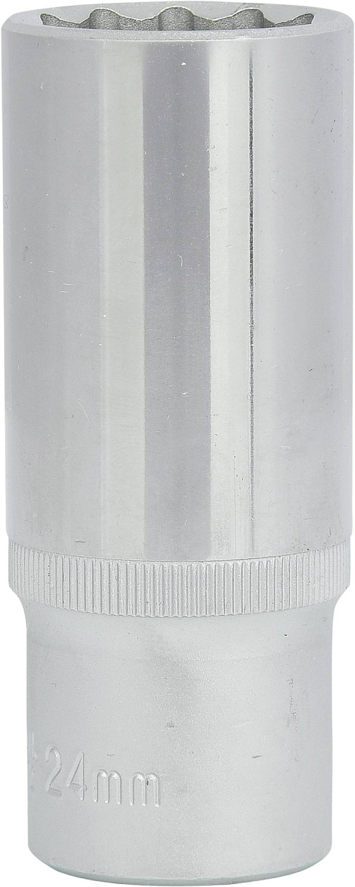 Een zilvergrijze steeksleutelopzetstuk met een geprofileerde greep. Het opzetstuk heeft een gegraveerde '24mm'-markering.