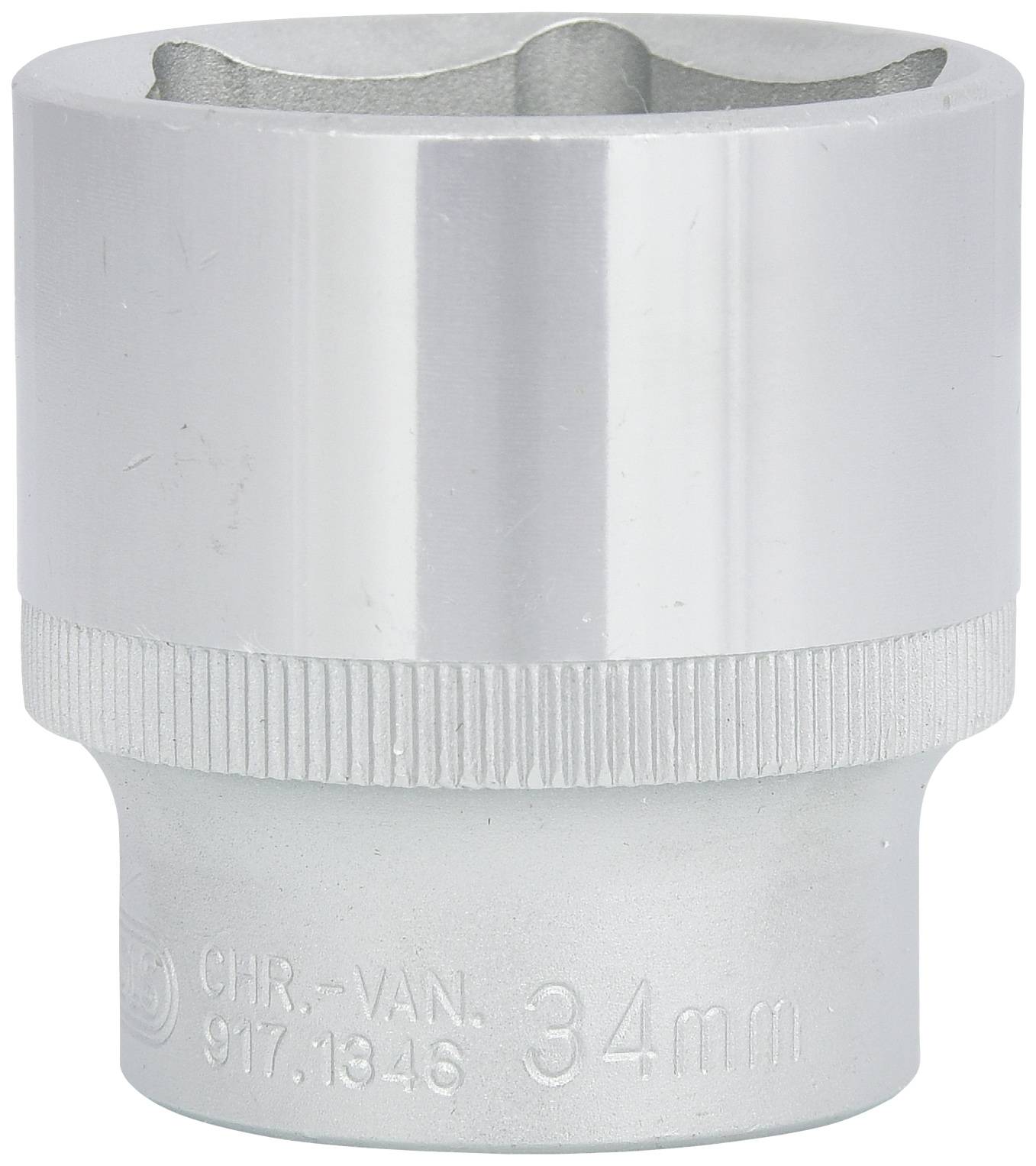 Zilveren steekmoer met 34 mm diameter, glad glanzend oppervlak, gegolfd middendeel voor betere grip, ingestempelde cijfers en letters.
