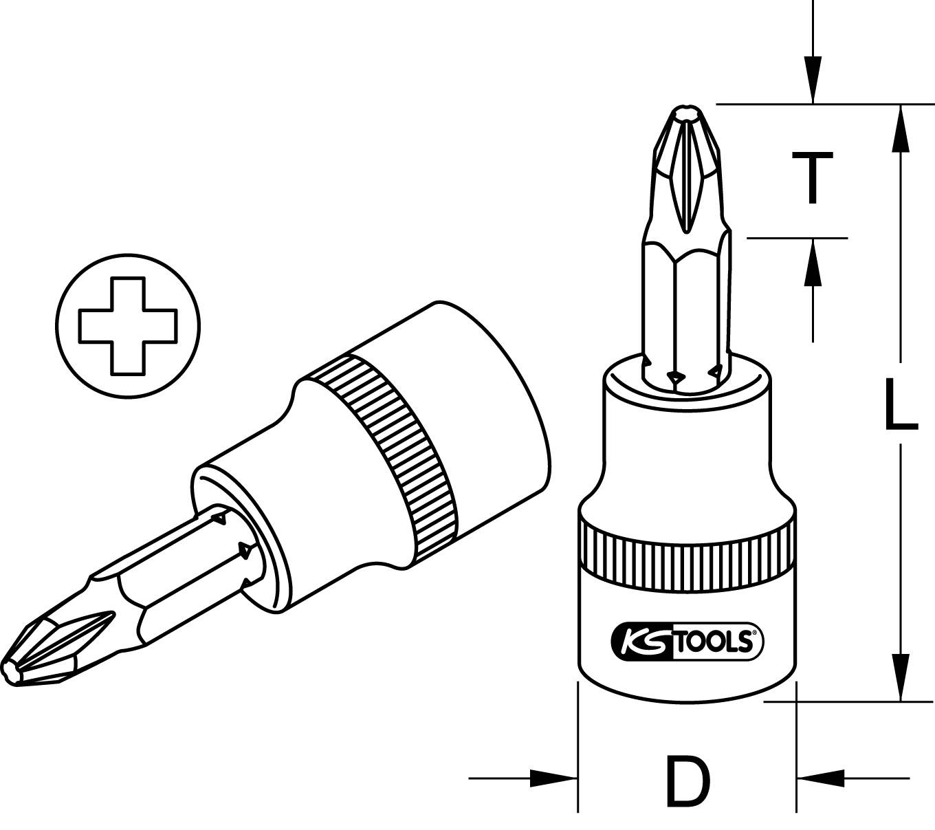 KS Tools-Schroevendraaieropzetstuk-tekening: toont kruiskop-bit-ontwerp met afmetingen L (lengte), D (diameter), T (diepte) en bit-symbool.
