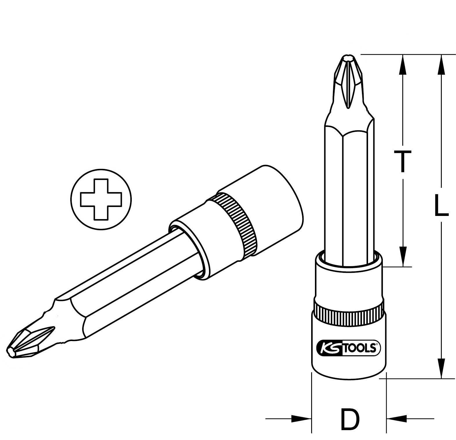 Kruiskop bit met houder in een technische tekening, toont afmetingen en merklogo.