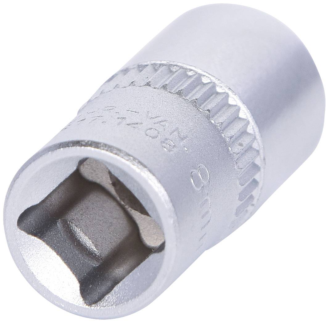 Metalen dopsleutel, cilindrisch van vorm, met ribbels voor een betere grip, gebruikt voor schroefwerkzaamheden in doe-het-zelf- en werkplaatsprojecten.