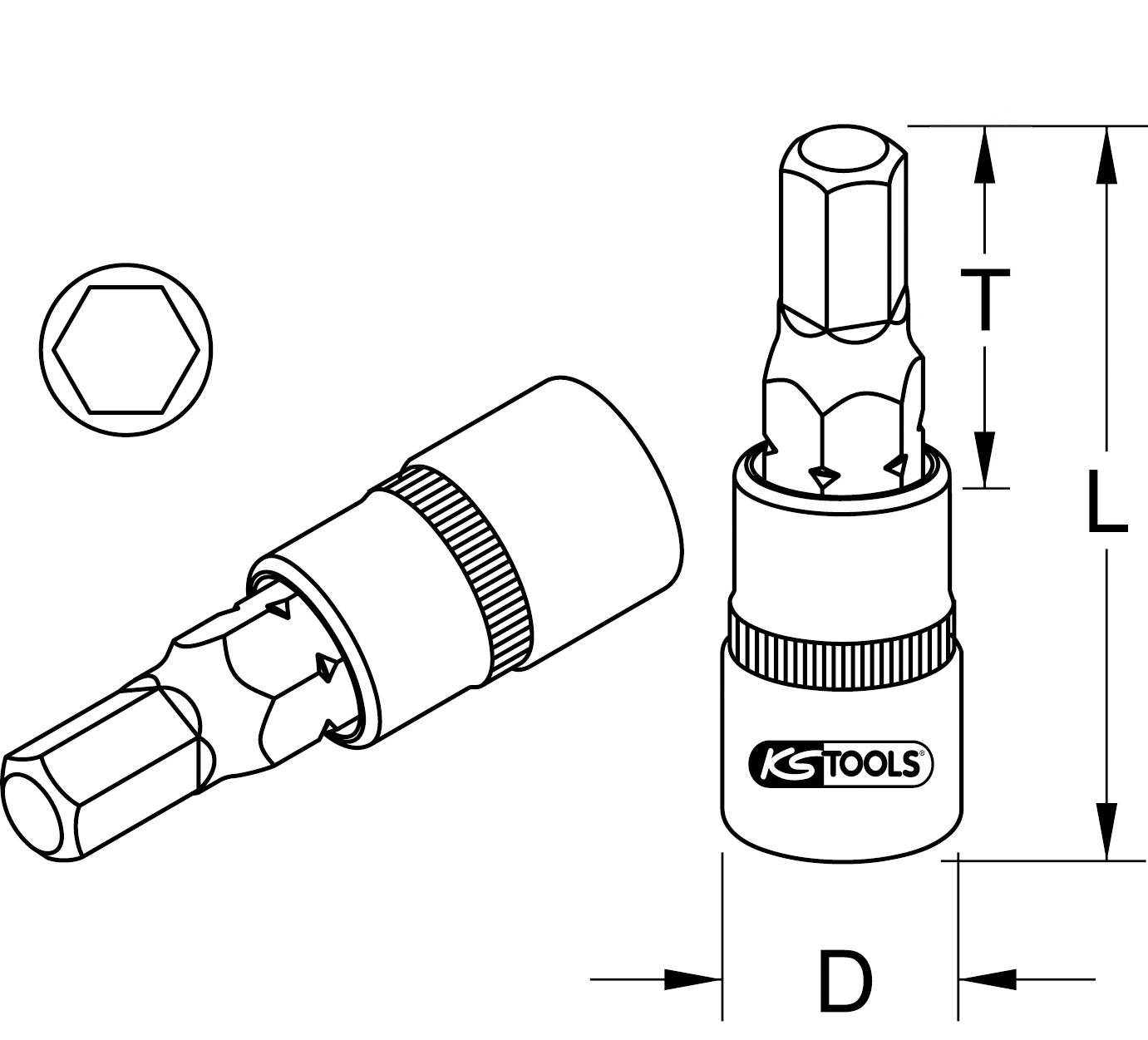 Afbeelding van een KS Tools bits-aansluiting met afmetingen: L, T en diameter D. Zeskantprofiel linksboven toont de bitvorm.