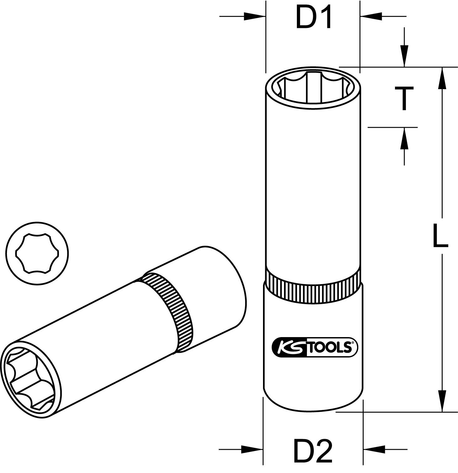 Technische tekening van een dopsleutel met de afmetingen D1, D2, T en L, en het logo 'KS TOOLS'. Twee aanzichten van het gereedschap weergegeven.
