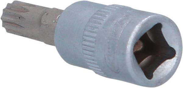 Een schroefbit met Torx-profiel en metalen behuizing, geschikt voor schroefwerkzaamheden met de juiste houder.