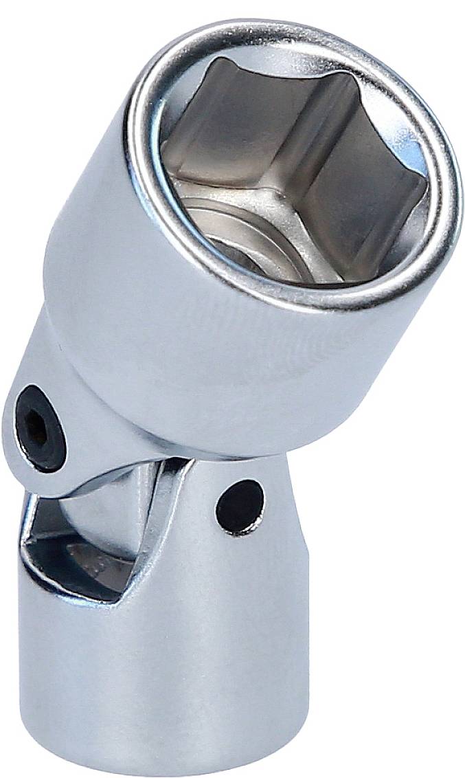 Een verchroomd cardankoppelstuk voor dopsleutels, dat flexibiliteit biedt bij het verbinden van gereedschappen. Ideaal voor moeilijk bereikbare plaatsen.