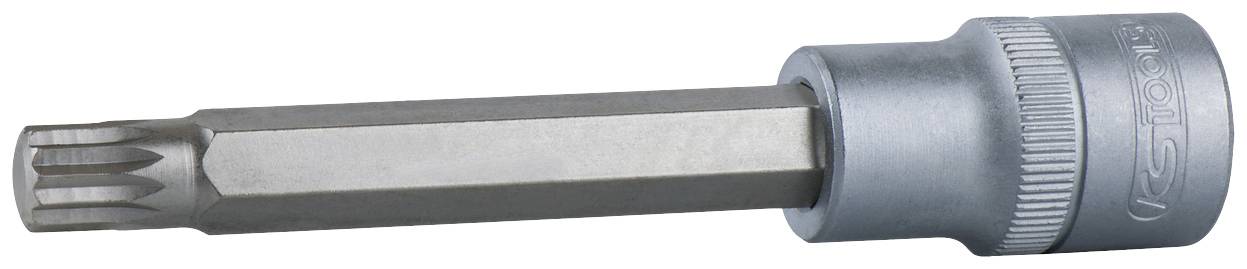 Een metalen Torx-bitopzetstuk voor schroevendraaiers, zeshoekig van vorm, met een geprofileerde buitengreep voor een betere grip.