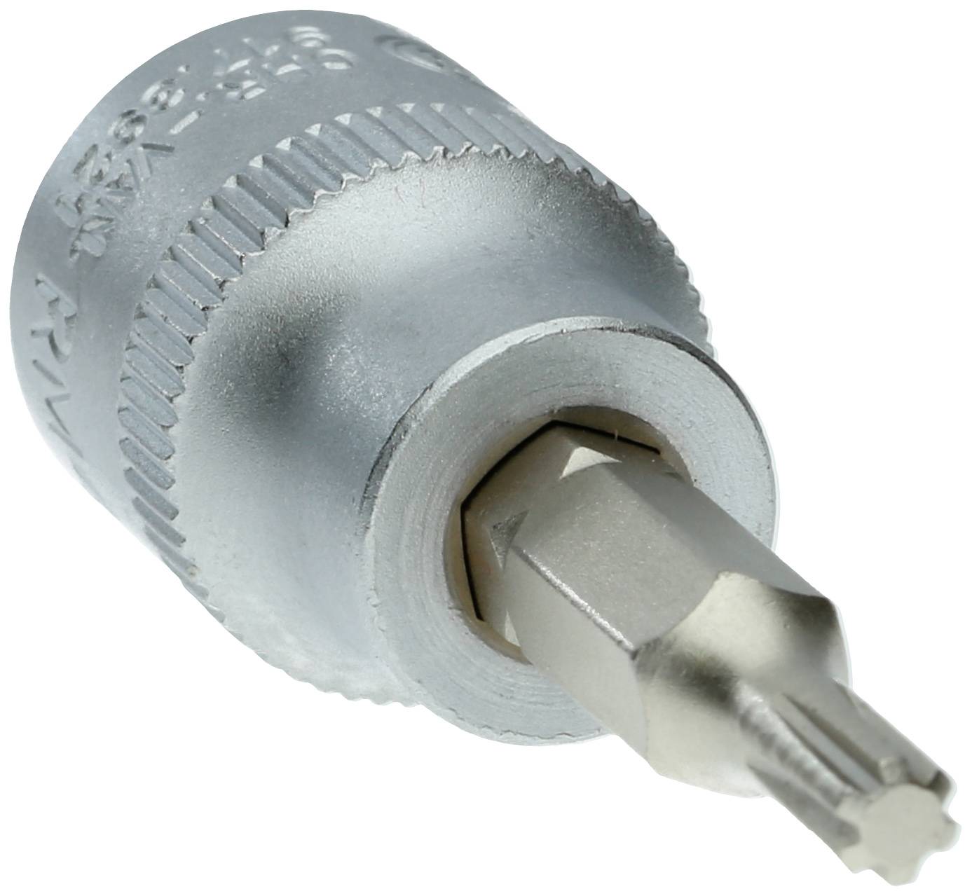 Bit met Torx-profiel, close-up, toont metalen punt en gegroefde ringgreep. Gereedschap voor precisie-schroefwerk.