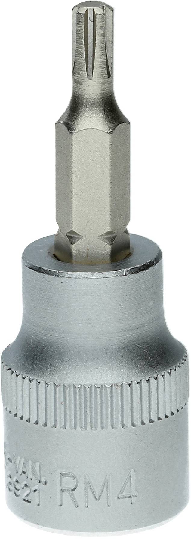 'Een zilveren bitopzetstuk met Torx-punt en geribbelde omhulling. Op de onderste helft is de inscriptie RM4 aangebracht.'