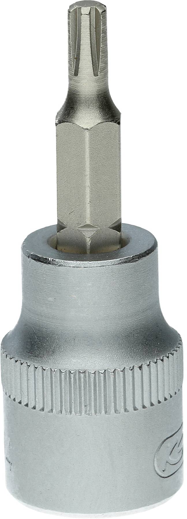 Een metalen Torx-dopsleutelopzetstuk, gebruikt voor het vastdraaien of losdraaien van Torx-schroeven, in zilverkleur.