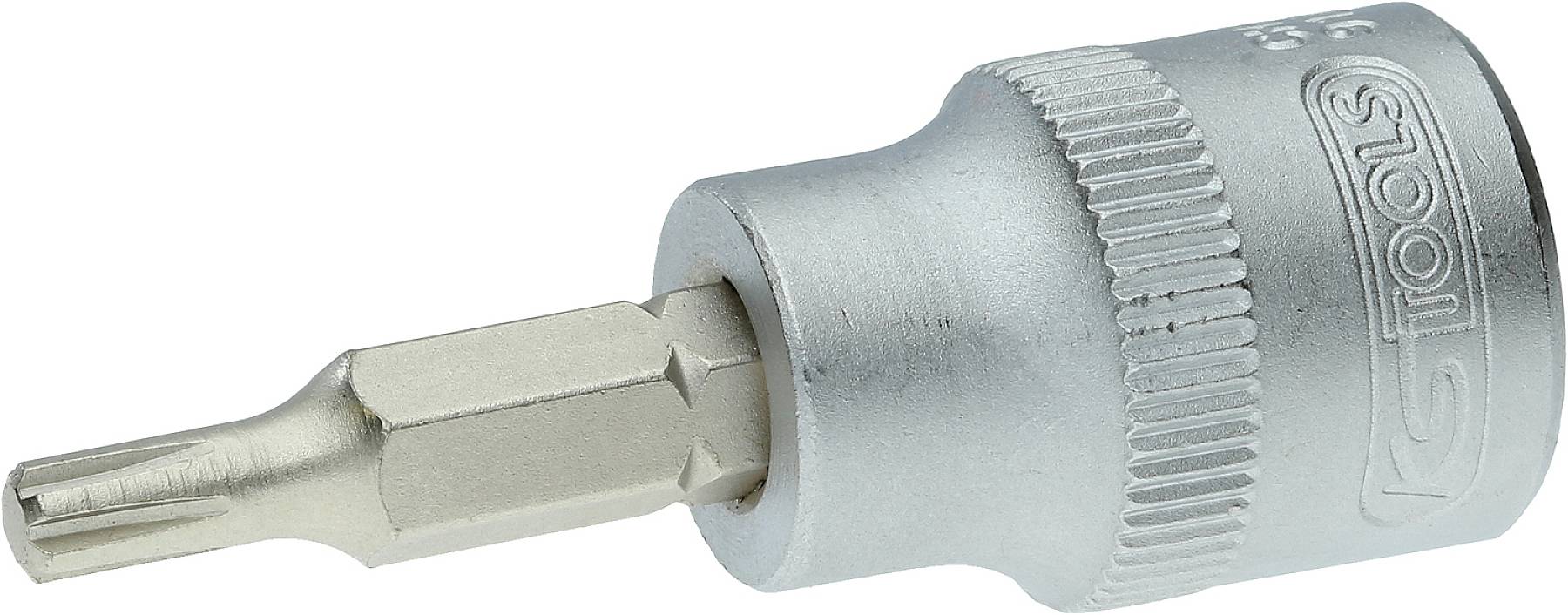 Torx-bitopzetstuk van metaal met een gegroefde handgreepoppervlakte.