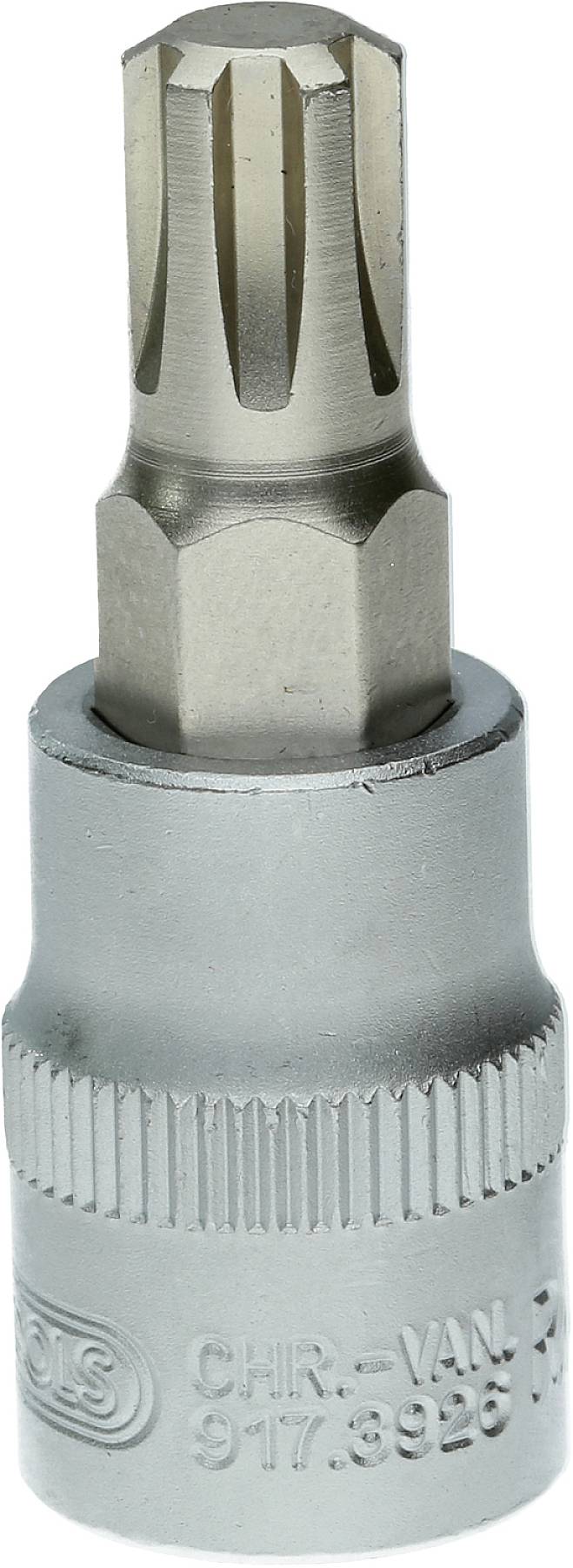 Een zilverkleurige schroevendraaier-inzetstuk met Torx-kop, geschikt voor mechanische werkzaamheden.